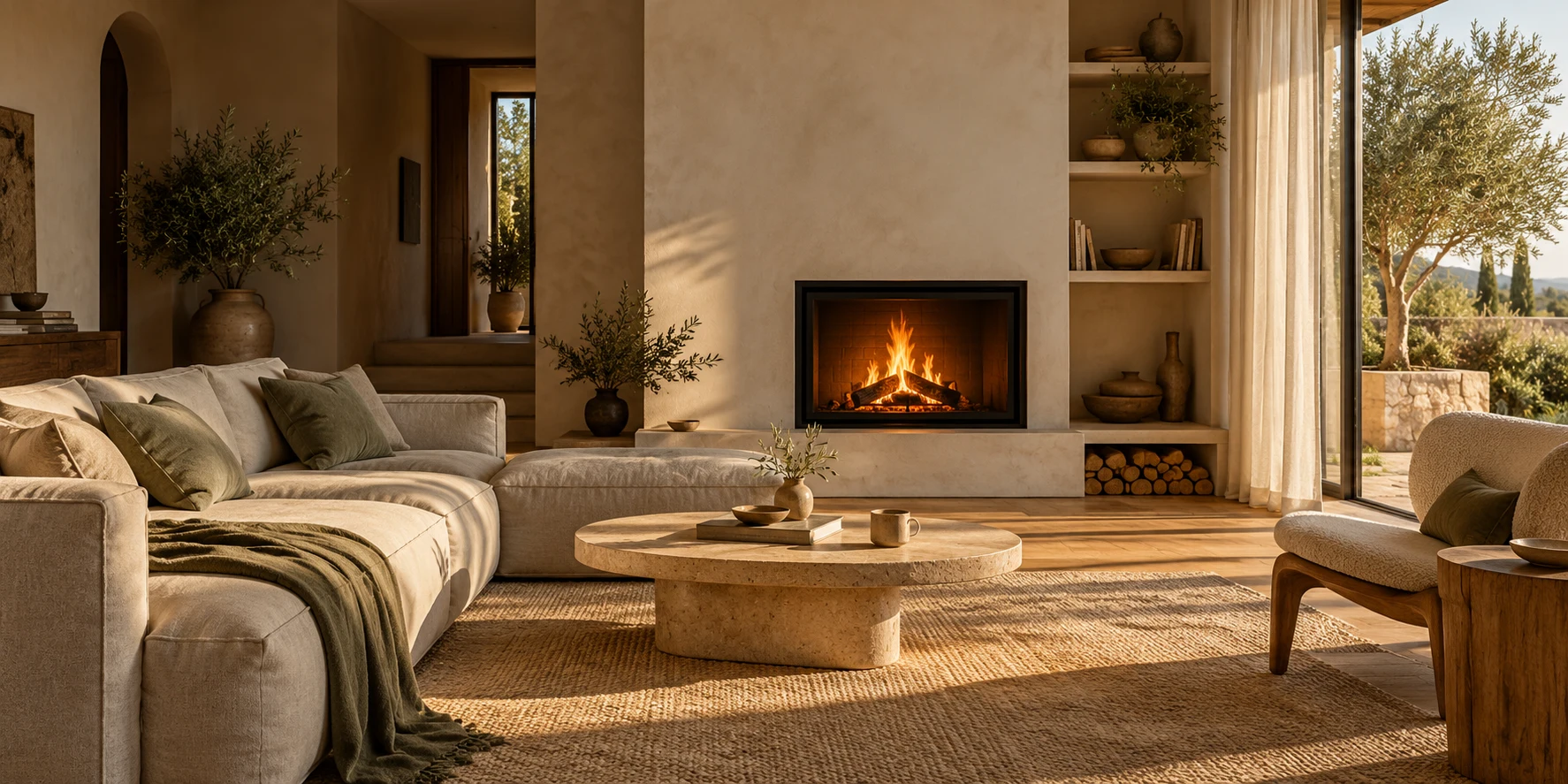Ambiente de inspiración: un salón mediterráneo acogedor, con chimenea encendida, materiales naturales y luz de tarde